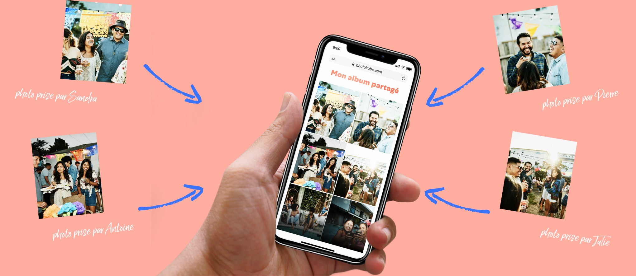 Une main tient un téléphone et recherche dans sa galerie photo celle qu'elle souhaite imprimer sur le PhotoKube